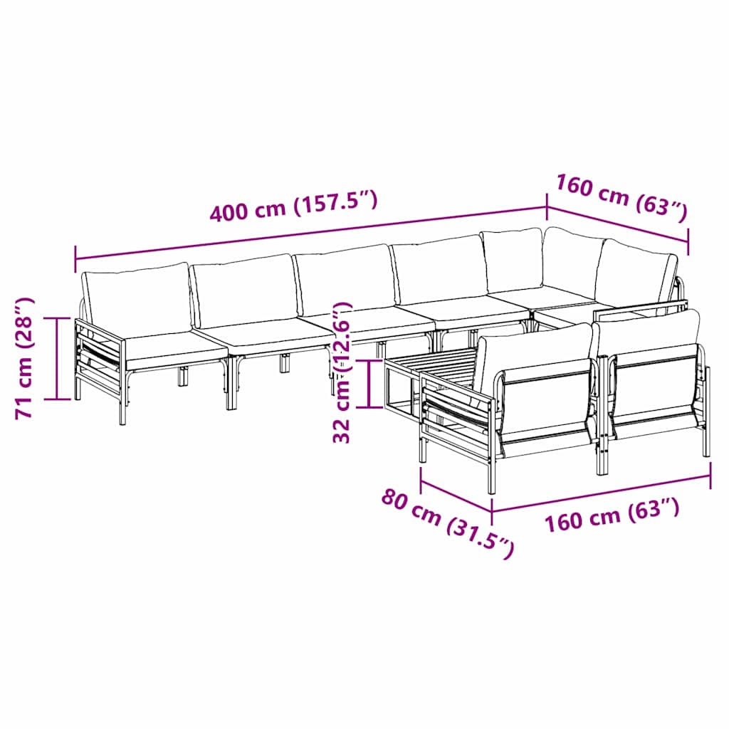 Havesofa Sæt med pude 9 pcs Sort Stål