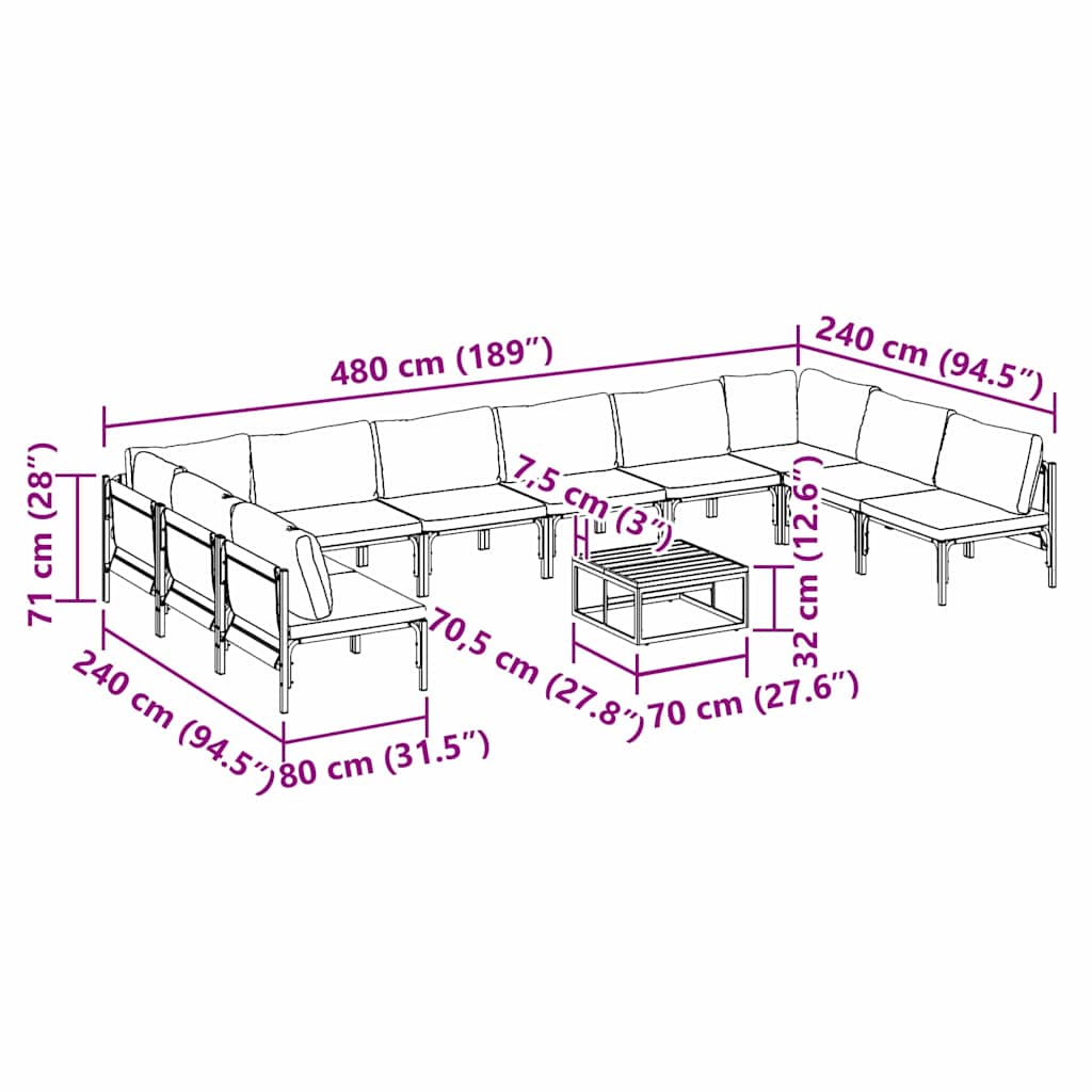 Havesofa Sæt med pude 11 pcs Sort Stål