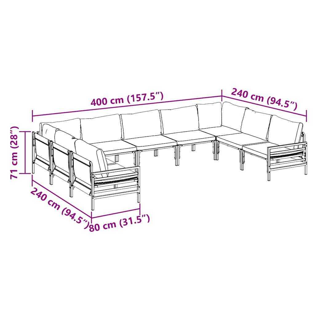Havesofa Sæt med pude 9 pcs Sort Stål