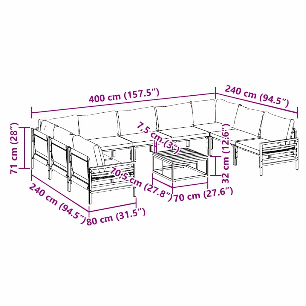 Havesofa Sæt med pude 10 pcs Sort Stål
