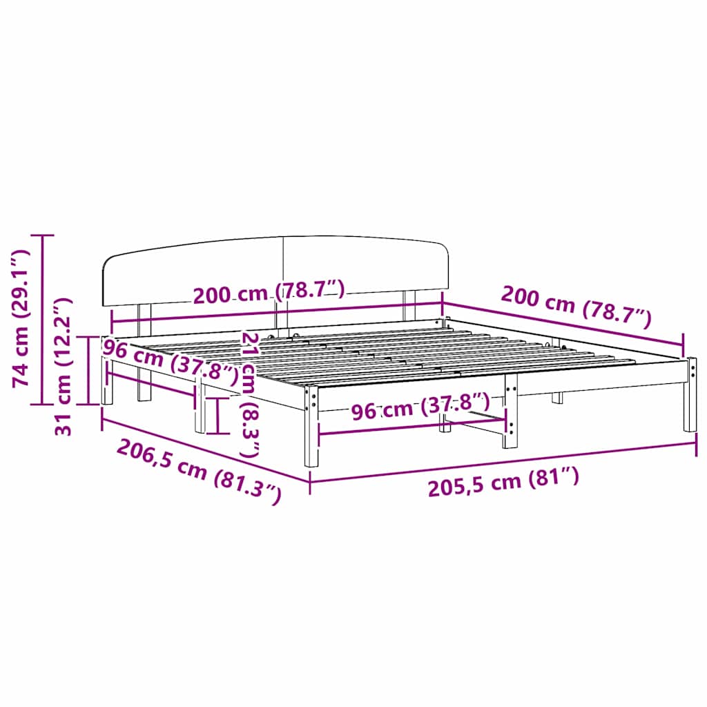 Sengestel med hovedgærde Hvid 200 x 200 cm Massiv fyrretræ