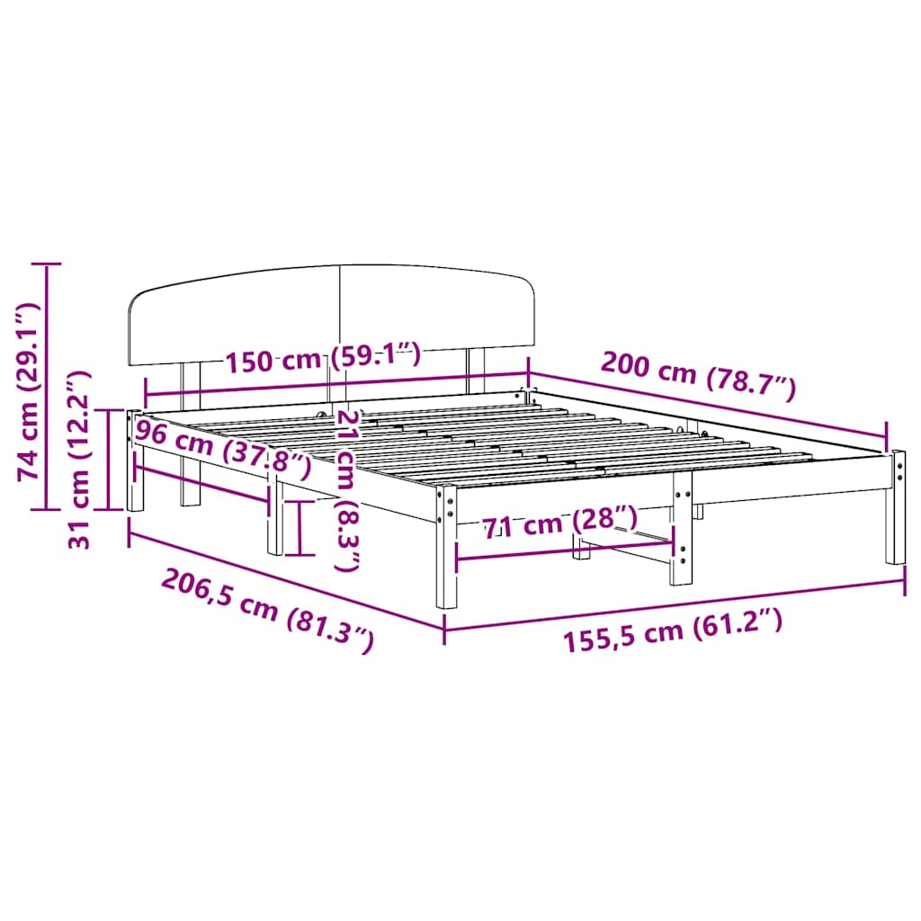 Sengestel med hovedgærde Hvid 150 x 200 cm Massiv fyrretræ