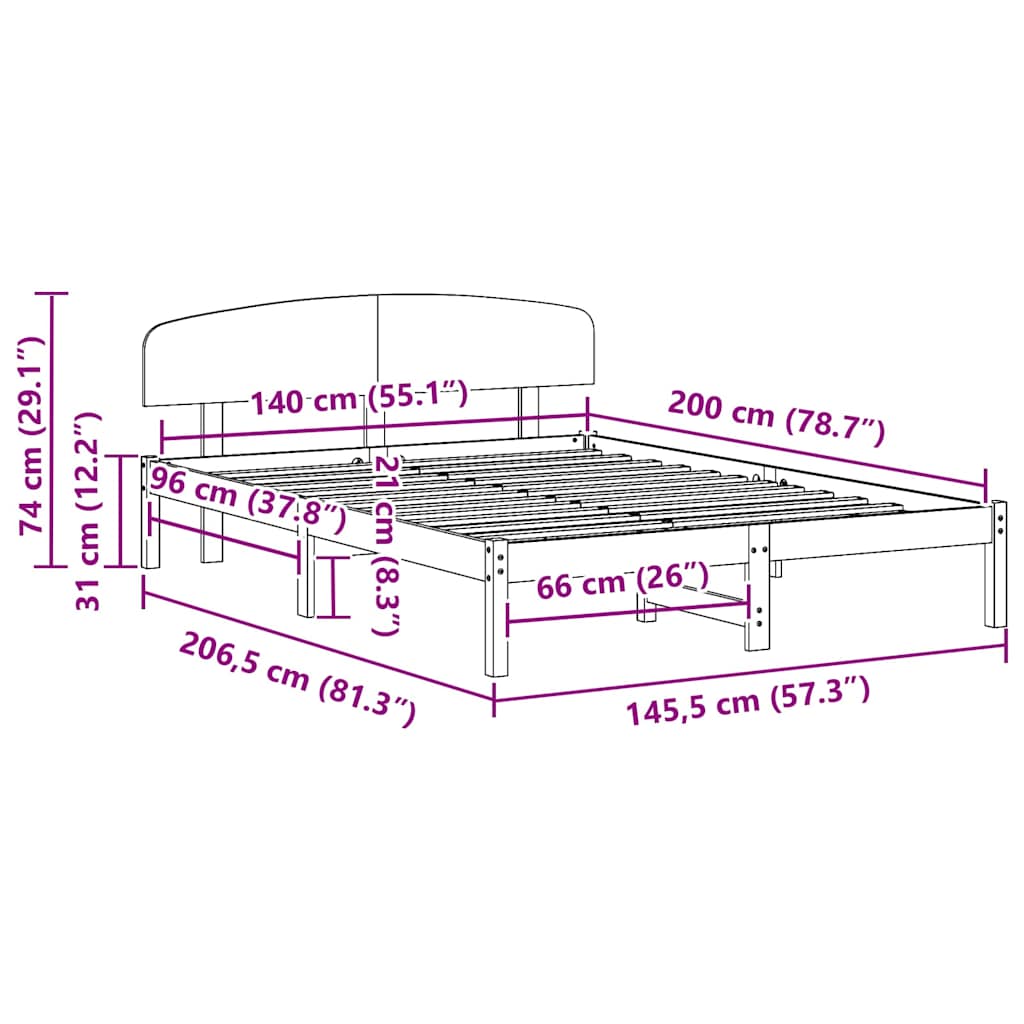 Sengestel med hovedgærde Hvid 140 x 200 cm Massiv fyrretræ