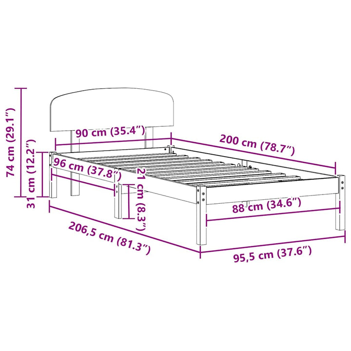 Sengestel med hovedgærde Voks brun 90 x 200 cm Massiv fyrretræ