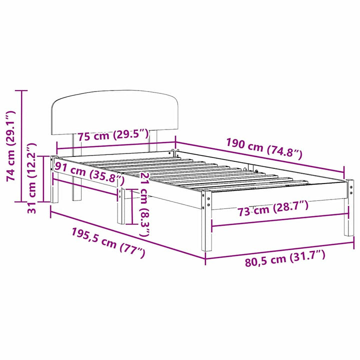 Sengestel Naturfarvet 75 x 190 cm Massiv fyrretræ