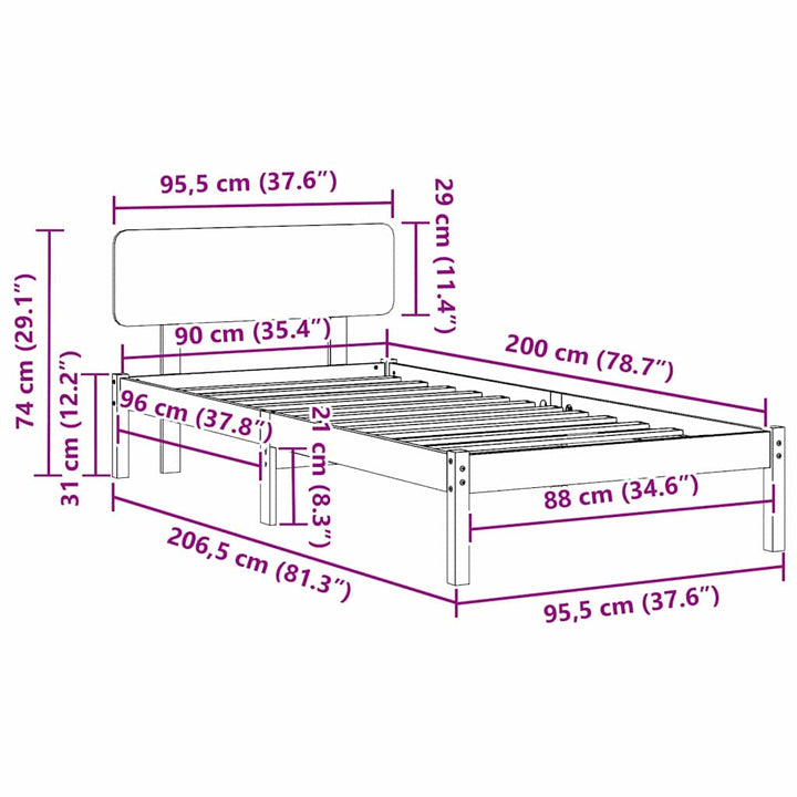 Sengestel Naturfarvet 90 x 200 cm Massiv fyrretræ