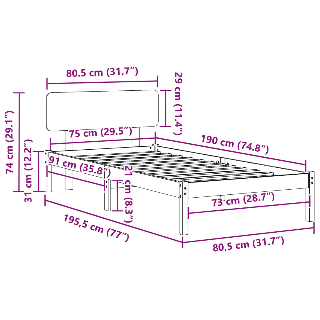 Sengestel med hovedgærde Hvid 75 x 190 cm Massiv fyrretræ