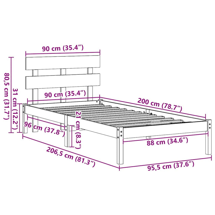 Sengestel med hovedgærde Brun 90 x 200 cm Massivt fyrretræ