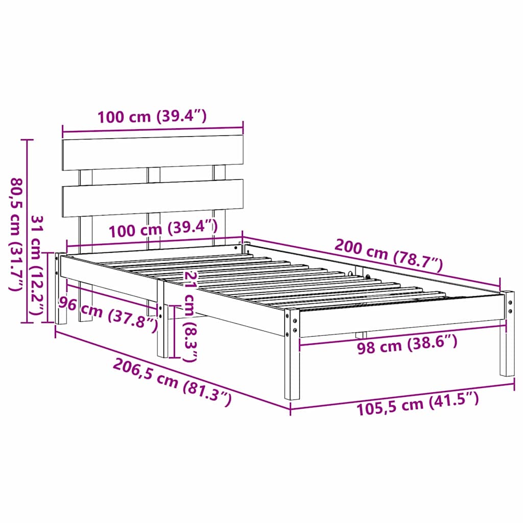 Sengestel med hovedgærde Brun 100 x 200 cm Massivt fyrretræ