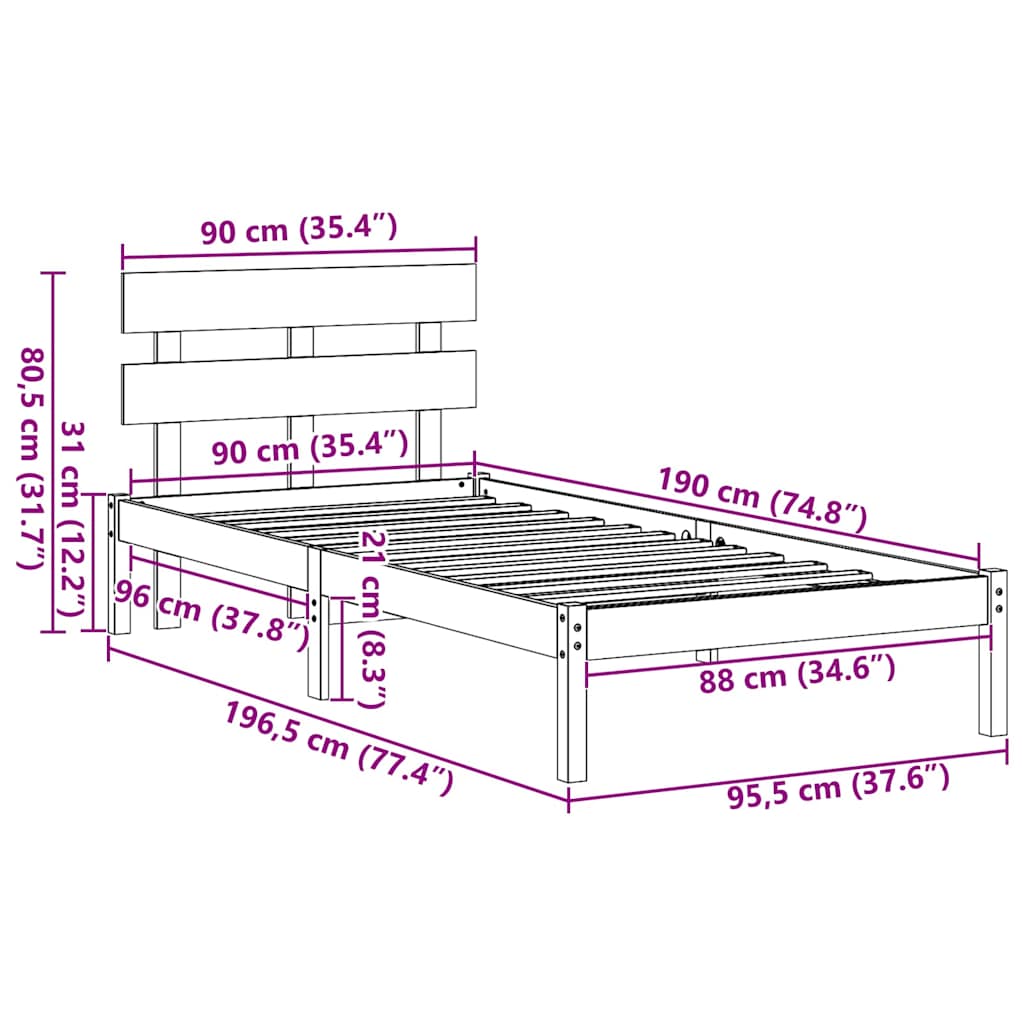 Sengestel med hovedgærde Brun 90 x 190 cm Massivt fyrretræ