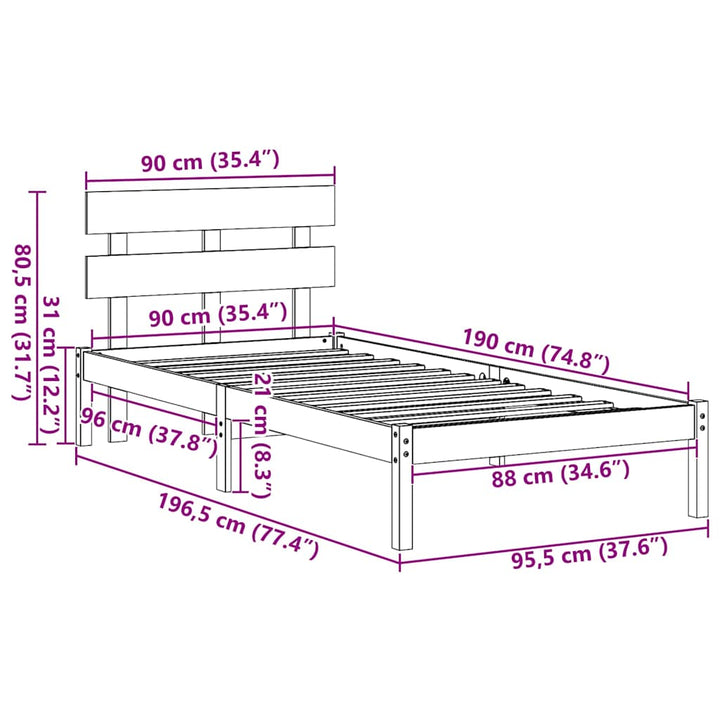 Sengestel med hovedgærde Brun 90 x 190 cm Massivt fyrretræ