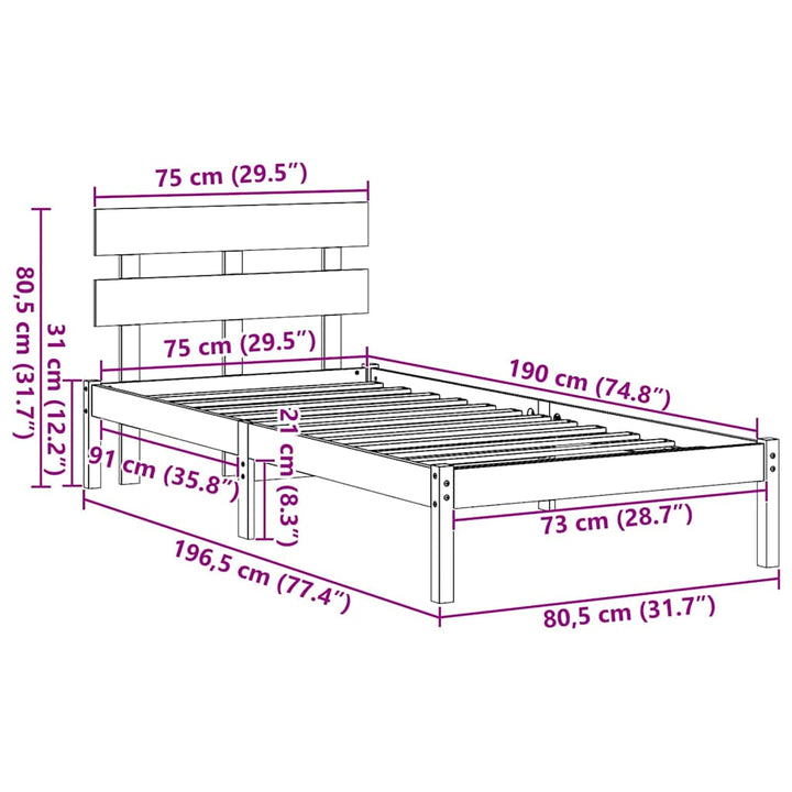 Sengestel med hovedgærde Hvid 75 x 190 cm Massivt fyrretræ