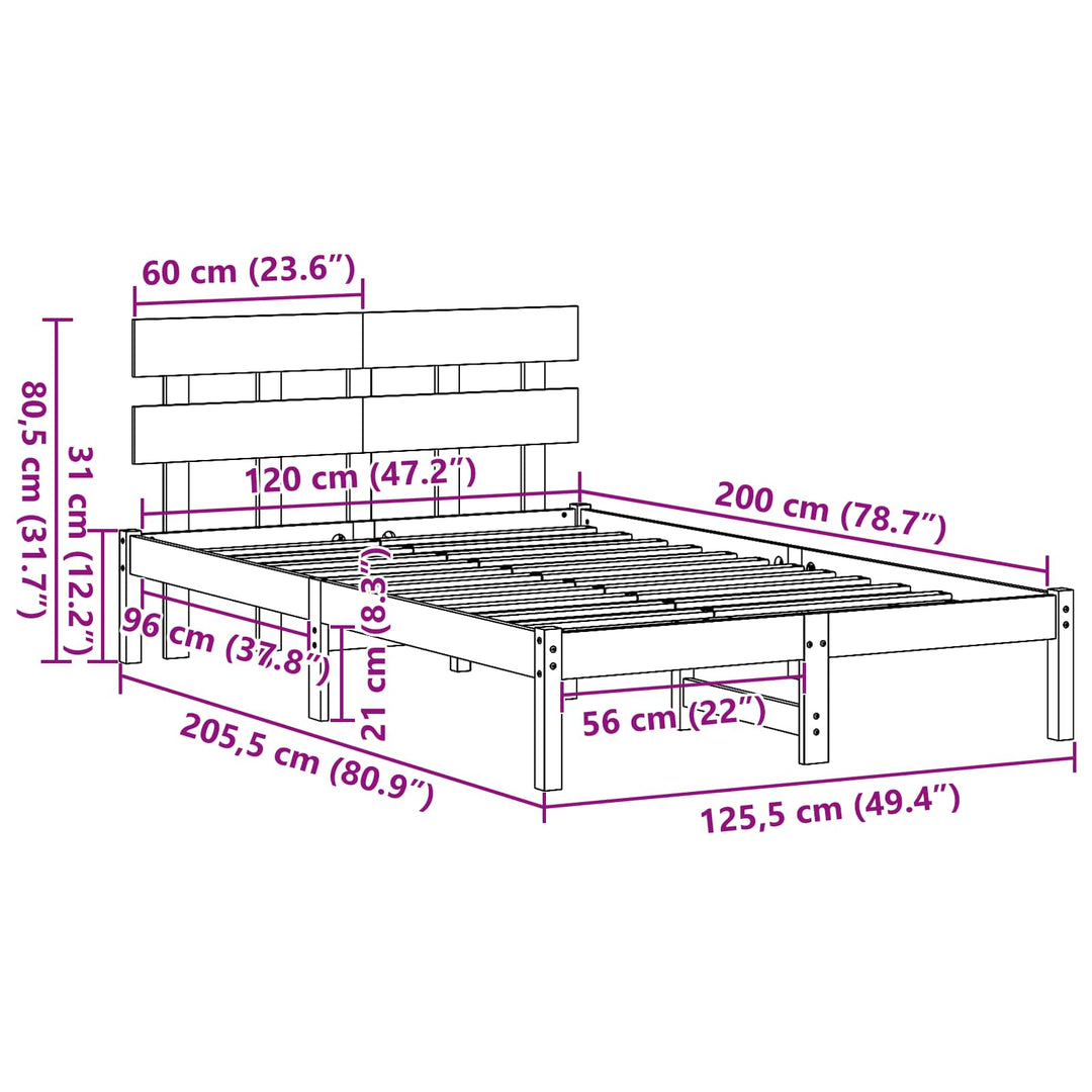 Sengestel med hovedgærde Hvid 120 x 200 cm Massivt fyrretræ