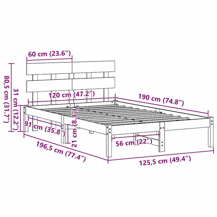 Sengestel med hovedgærde Hvid 120 x 190 cm Massivt fyrretræ