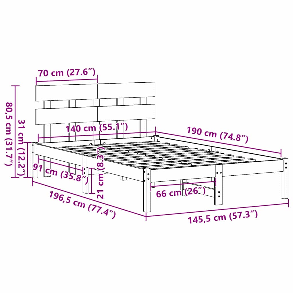 Sengestel med hovedgærde Brun 140 x 190 cm Massivt fyrretræ