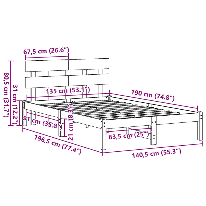 Sengestel med hovedgærde Brun 135 x 190 cm Massivt fyrretræ