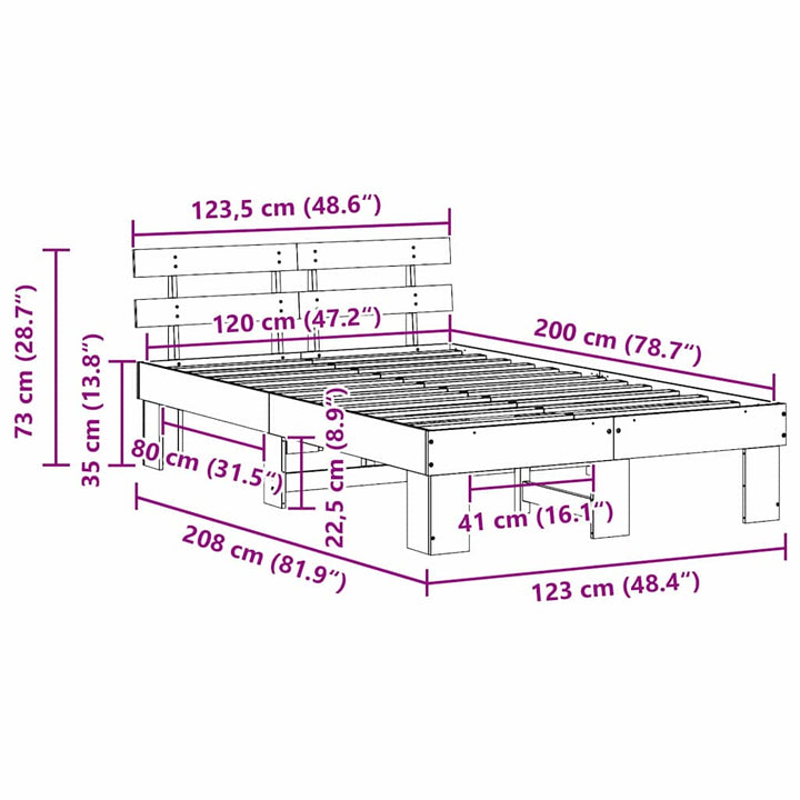 Sengestel Naturfarvet 120 x 200 cm Massiv fyrretræ