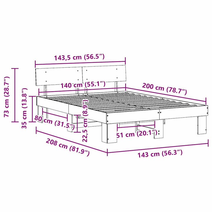 Sengestel Naturfarvet 140 x 200 cm Massiv fyrretræ