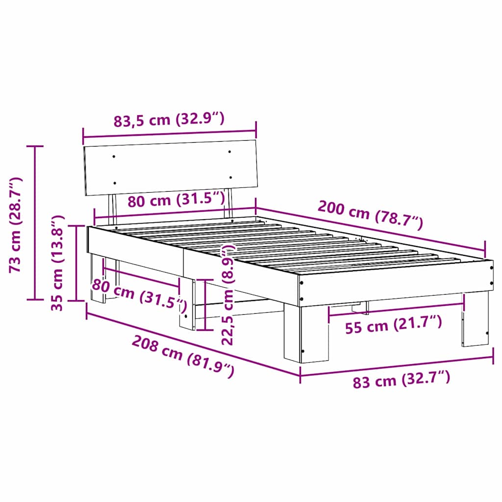 Sengestel med hovedgærde Voks brun 80 x 200 cm Massiv fyrretræ