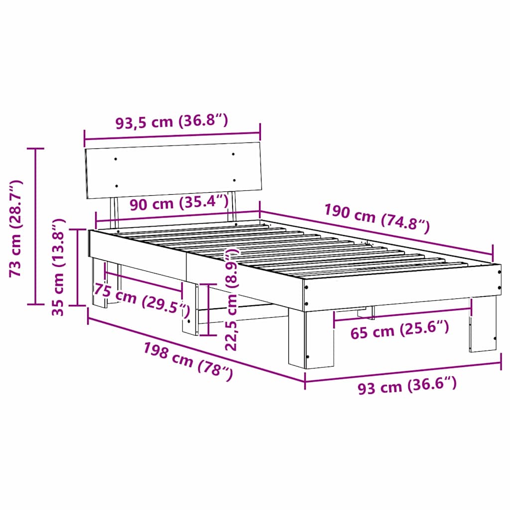 Sengestel med hovedgærde Hvid 90 x 190 cm Massiv fyrretræ
