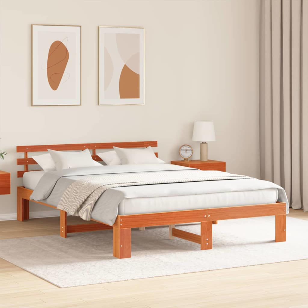 Sengestel med hovedgærde Voks brun 160 x 200 cm Massiv fyrretræ