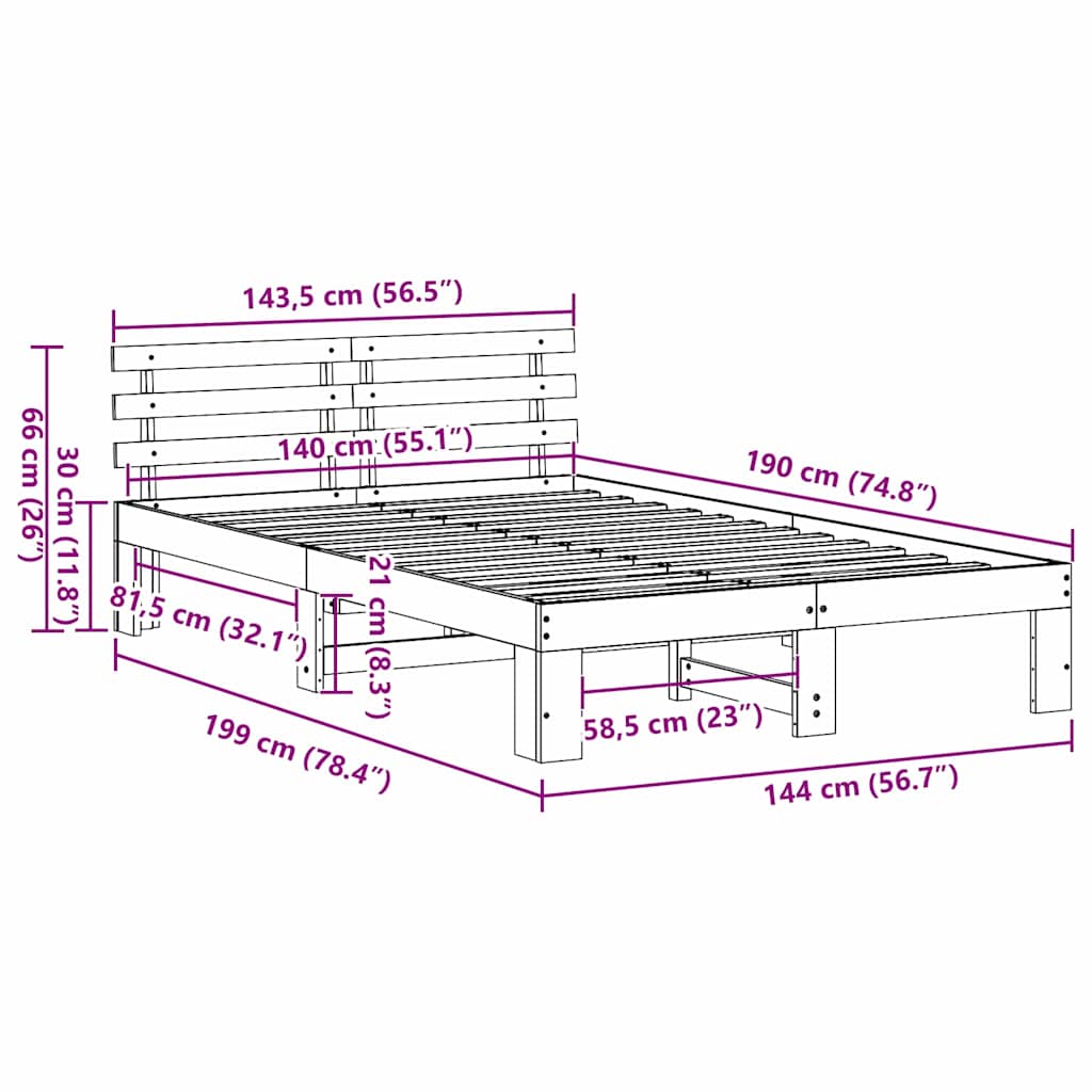 Sengestel med hovedgærde Hvid 140 x 190 cm Massiv fyrretræ