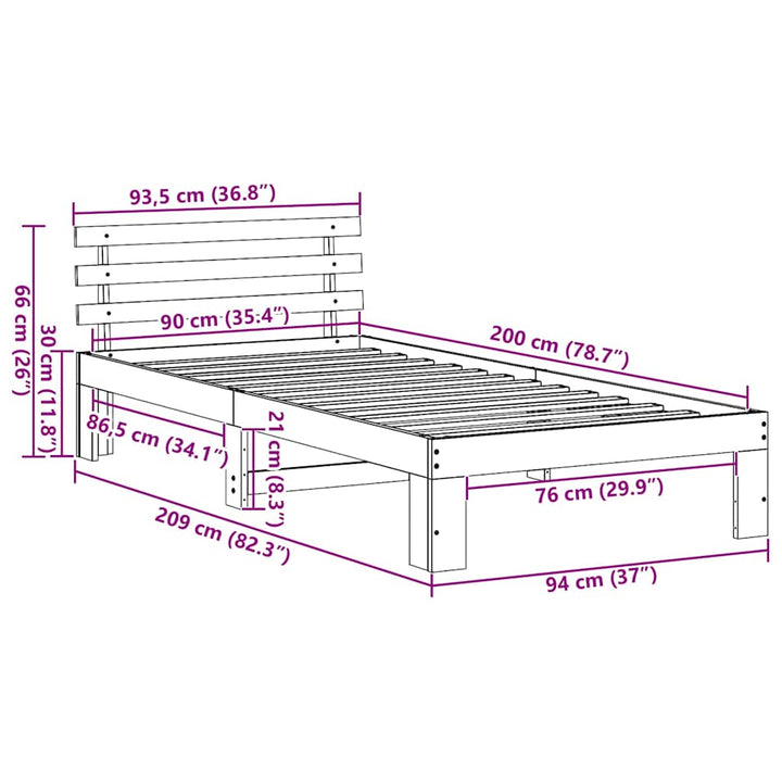 Sengestel Naturfarvet 90 x 200 cm Massiv fyrretræ