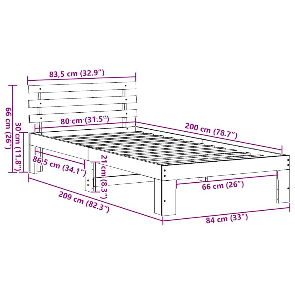 Sengestel Naturfarvet 80 x 200 cm Massiv fyrretræ