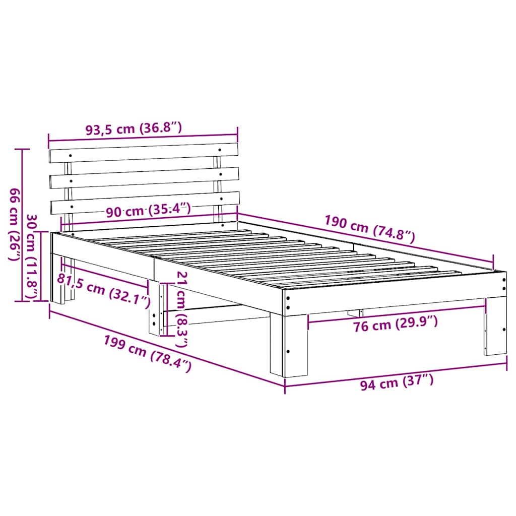 Sengestel med hovedgærde Hvid 90 x 190 cm Massiv fyrretræ