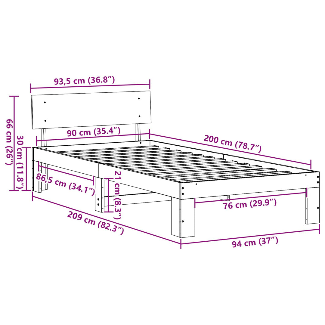 Sengestel Naturfarvet 90 x 200 cm Massiv fyrretræ