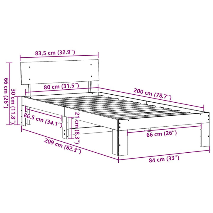 Sengestel med hovedgærde Hvid 80 x 200 cm Massiv fyrretræ