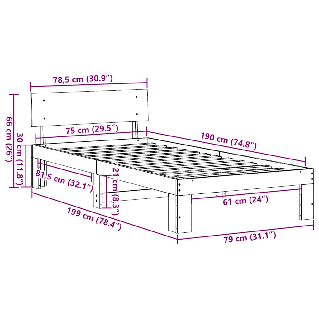 Sengestel Naturfarvet 75 x 190 cm Massiv fyrretræ