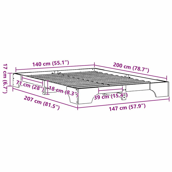Sengestel Naturfarvet 140 x 200 cm Massiv fyrretræ