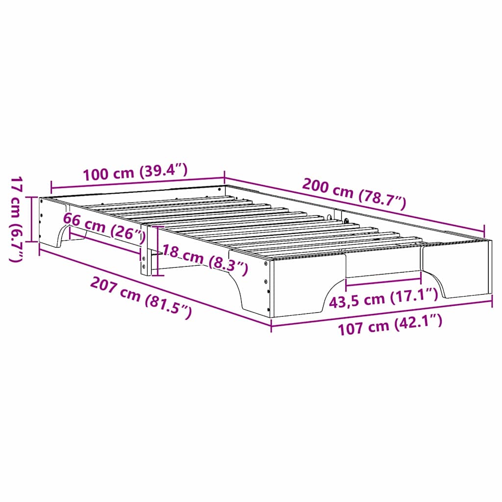 Sengestel Naturfarvet 100 x 200 cm Massiv fyrretræ