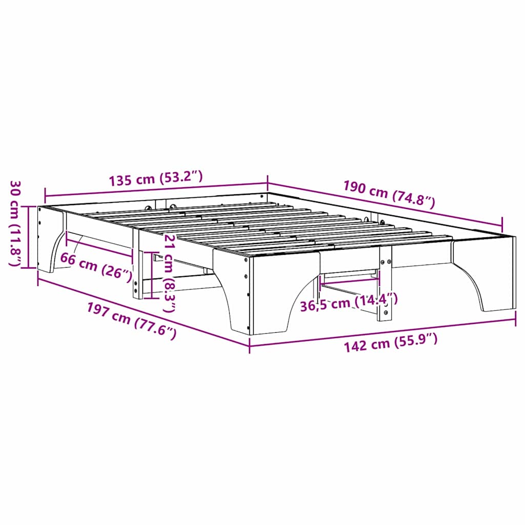 Sengestel Hvid 135 x 190 cm Massiv fyrretræ