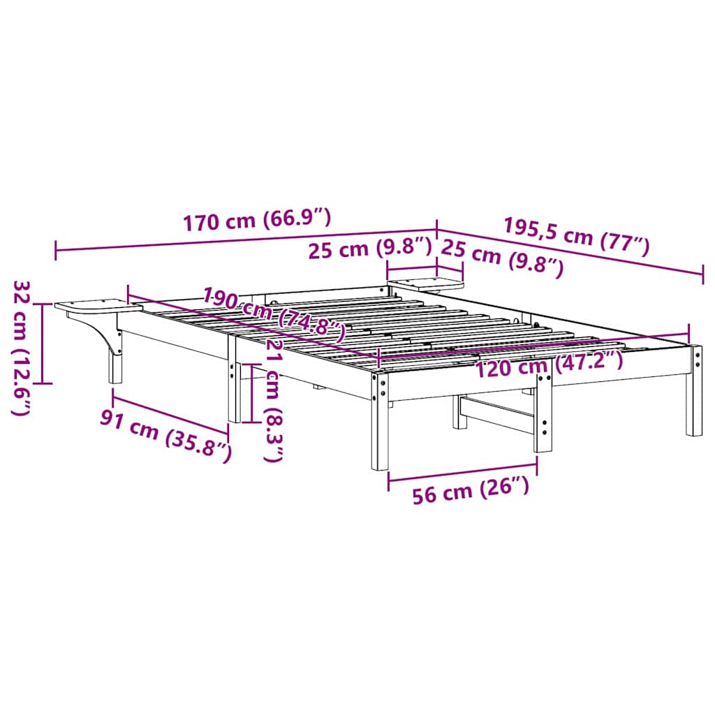 Sengestel Naturfarvet 120 x 190 cm Massiv fyrretræ
