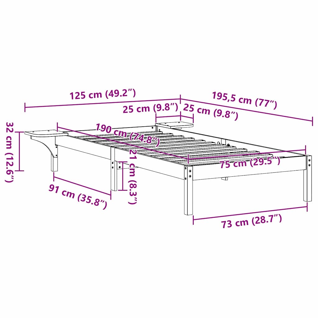 Sengestel Hvid 75 x 190 cm Massiv fyrretræ