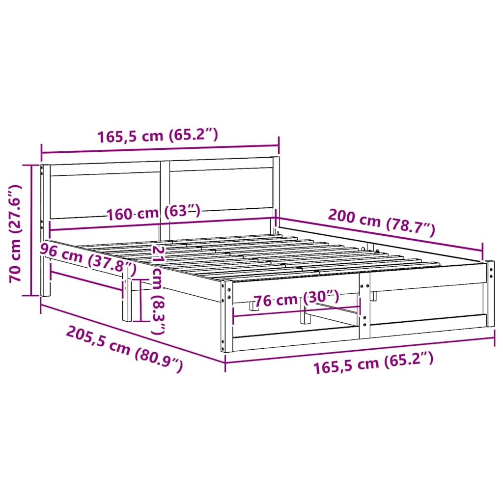 Sengestel med hovedgærde Hvid 160 x 200 cm Massiv fyrretræ