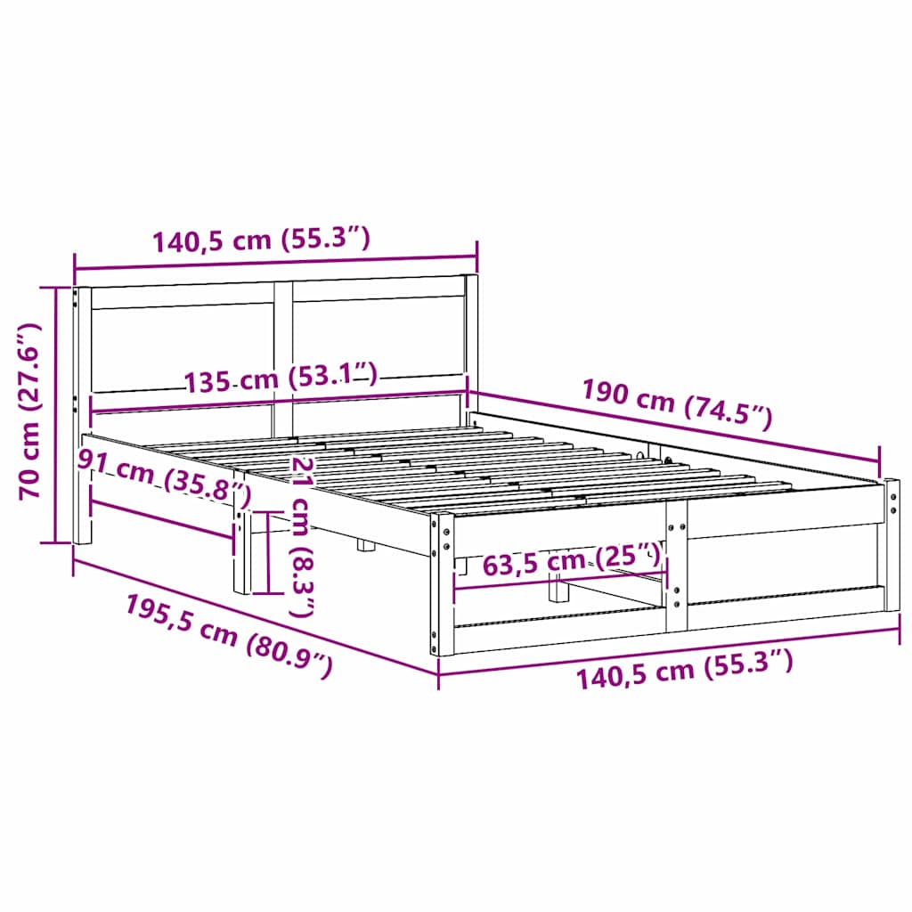 Sengestel med hovedgærde Voks brun 135 x 190 cm Massiv fyrretræ