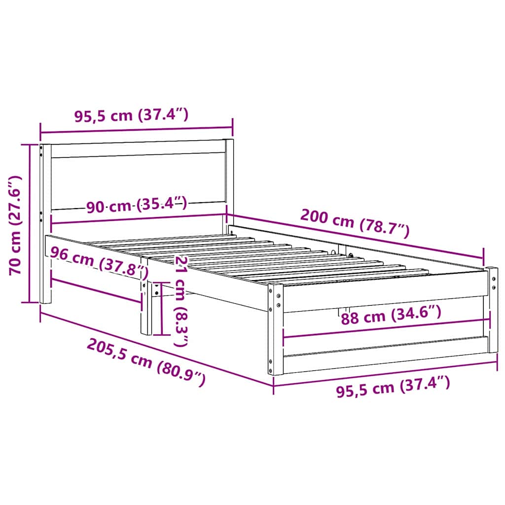 Sengestel med hovedgærde Voks brun 90 x 200 cm Massiv fyrretræ