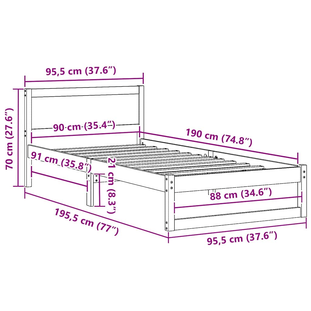 Sengestel med hovedgærde Hvid 90 x 190 cm Massiv fyrretræ