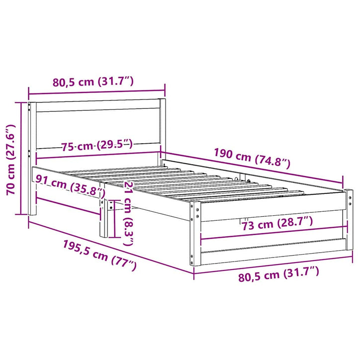 Sengestel med hovedgærde Hvid 75 x 190 cm Massiv fyrretræ