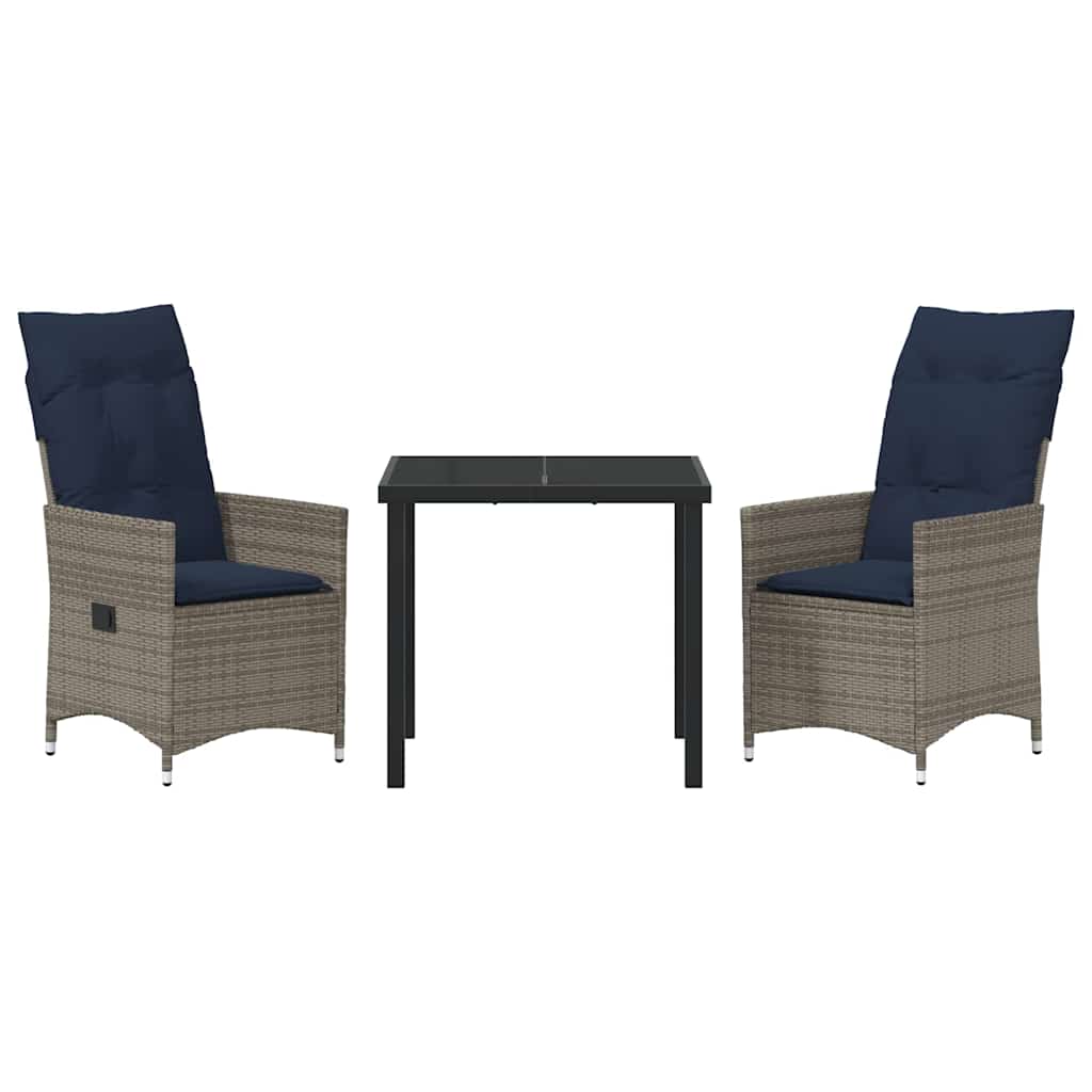 Bord- og stol sæt med pude 3 pcs Grå PE Rattan
