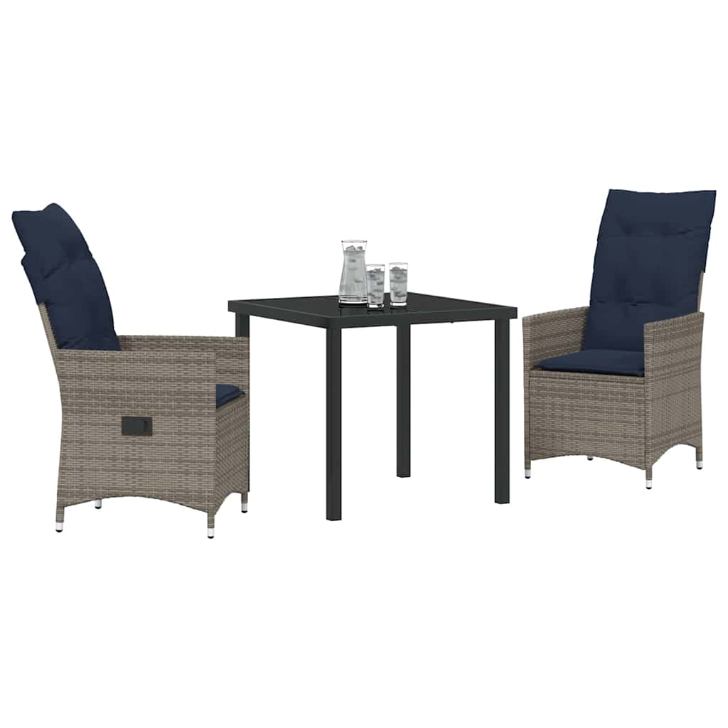 Bord- og stol sæt med pude 3 pcs Grå PE Rattan