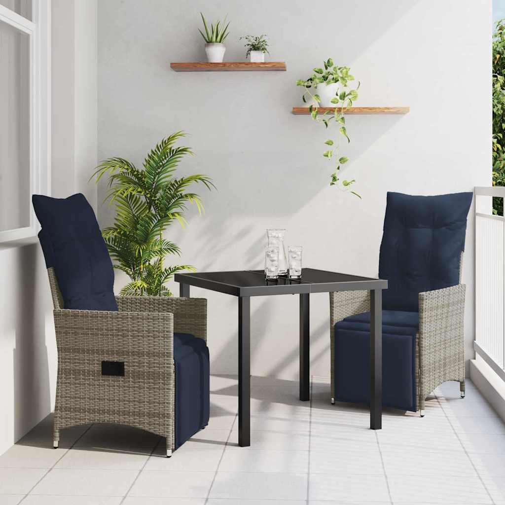 Bord- og stol sæt med pude 3 pcs Grå PE Rattan