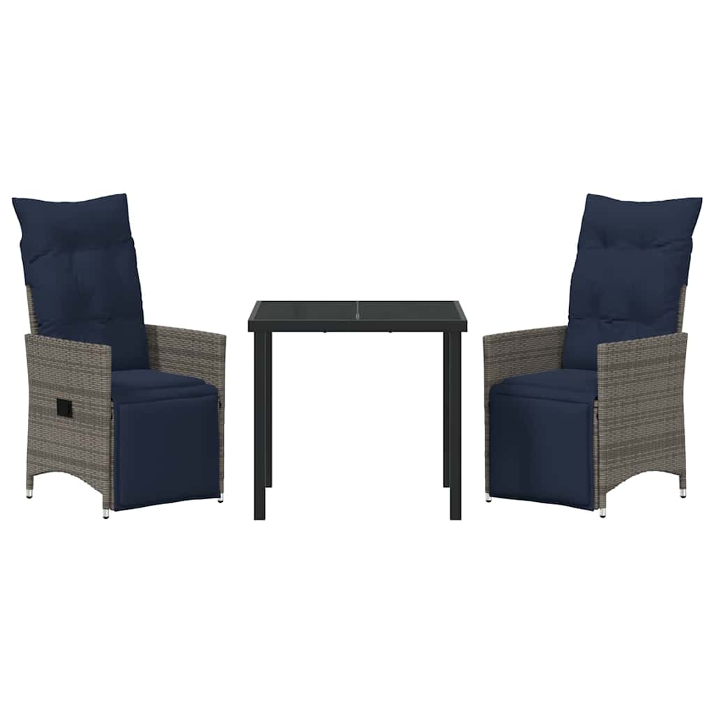 Bord- og stol sæt med pude 3 pcs Grå PE Rattan