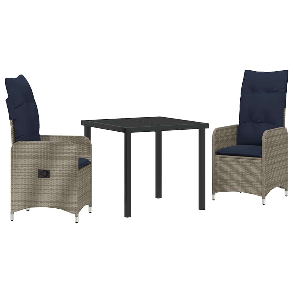 Bord- og stol sæt med pude 3 pcs Grå PE Rattan