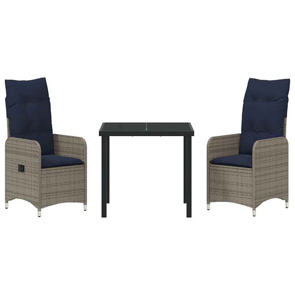 Bord- og stol sæt med pude 3 pcs Grå PE Rattan
