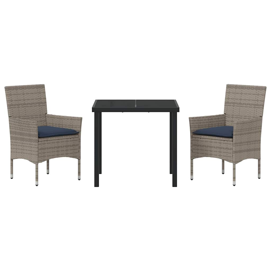 Bord- og stol sæt med pude 3 pcs Grå PE Rattan