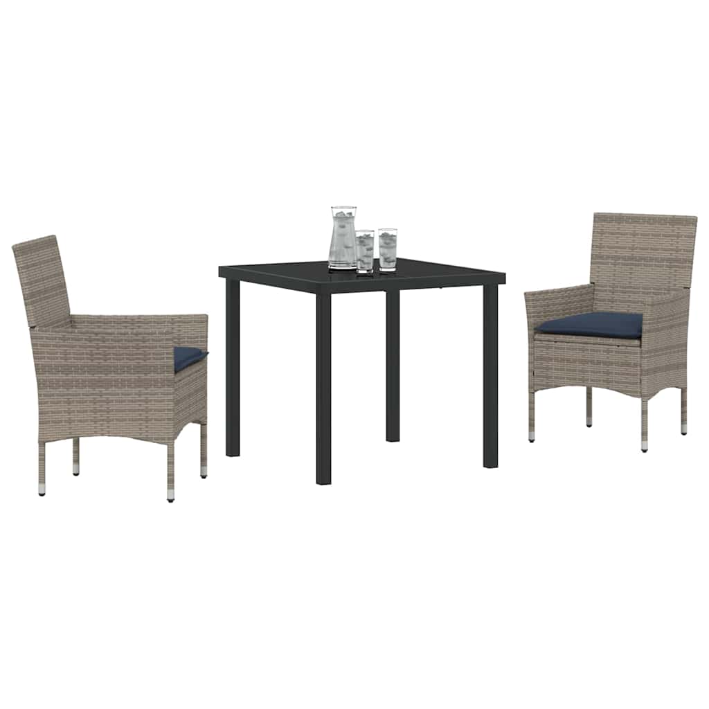 Bord- og stol sæt med pude 3 pcs Grå PE Rattan